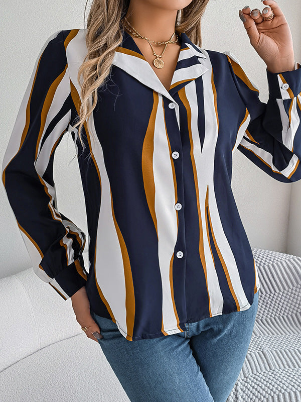 Buttoned Contrast Color Printed Long Sleeves Loose Notched Collar Blouses&Shirts Tops