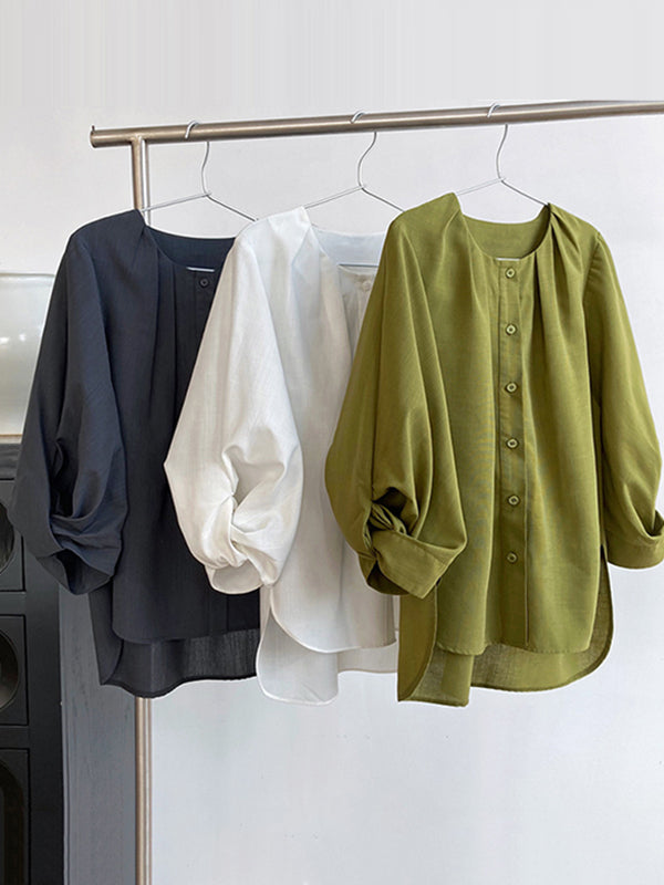 Pleated See-Through Solid Color Split-Joint High-Low Loose Round-Neck Blouses