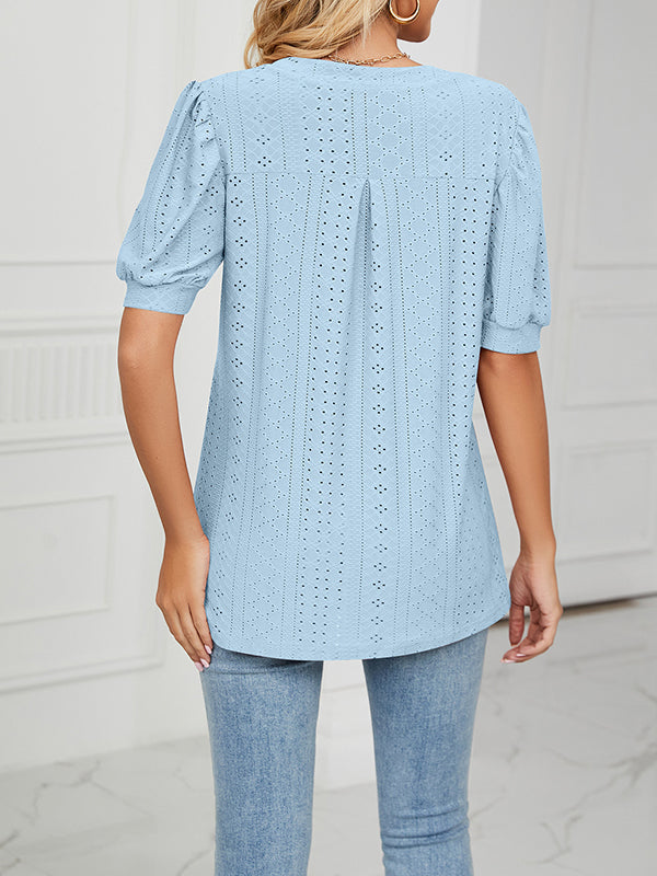 Hollow Solid Color Bishop Sleeve Loose V-neck T-Shirts Tops