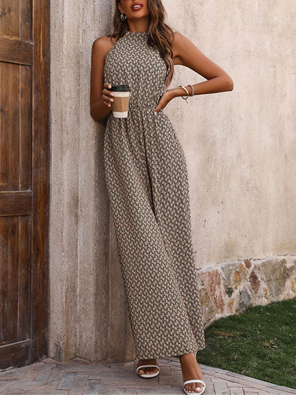 Elasticity Printed Split-Joint Loose Wide Leg Round-Neck Jumpsuits