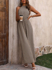 Elasticity Printed Split-Joint Loose Wide Leg Round-Neck Jumpsuits