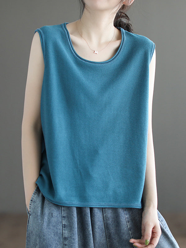 Solid Color Loose Sleeveless Round-neck Knitting Vest Top