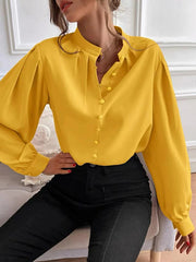 Pleated Solid Color Split-Joint Loose Puff Sleeves Stand Collar Blouses