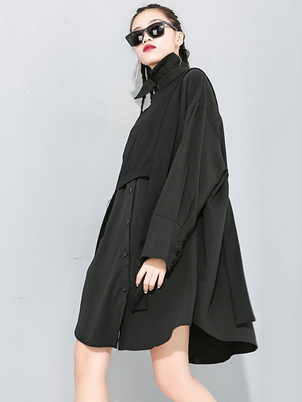 Irregular Clipping Long Sleeves Split-Joint Lapel Two Pieces Blouse