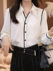 Buttoned Contrast Color Pleated Long Sleeves Lapel Blouses&Shirts Tops