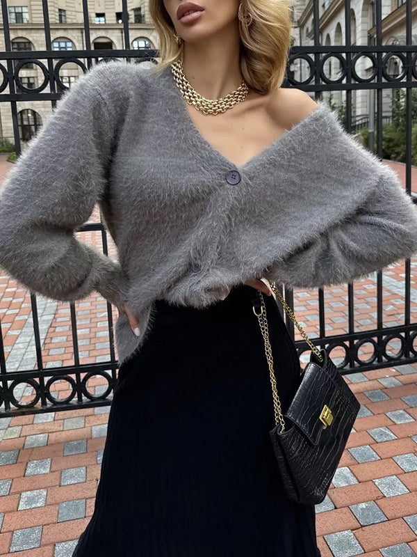 Buttoned Solid Color Long Sleeves Loose V-Neck Cardigan Tops