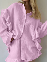 Split-Joint Lapel Long Sleeves Loose Buttoned Ruffle Trim Solid Color Blouses Tops + Elasticity Shorts Bottom Two Pieces Set