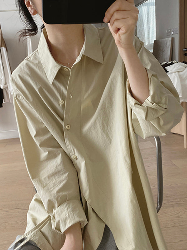 Lace-Up Solid Color Irregular Clipping Long Sleeves Lapel Blouses