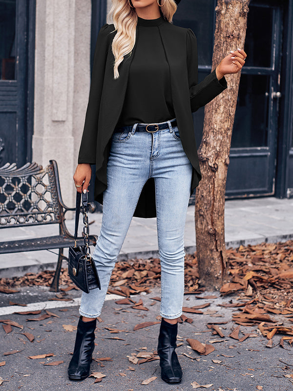 Solid Color Split-Joint False Two High-Low Mock Neck Blouses&Shirts Tops