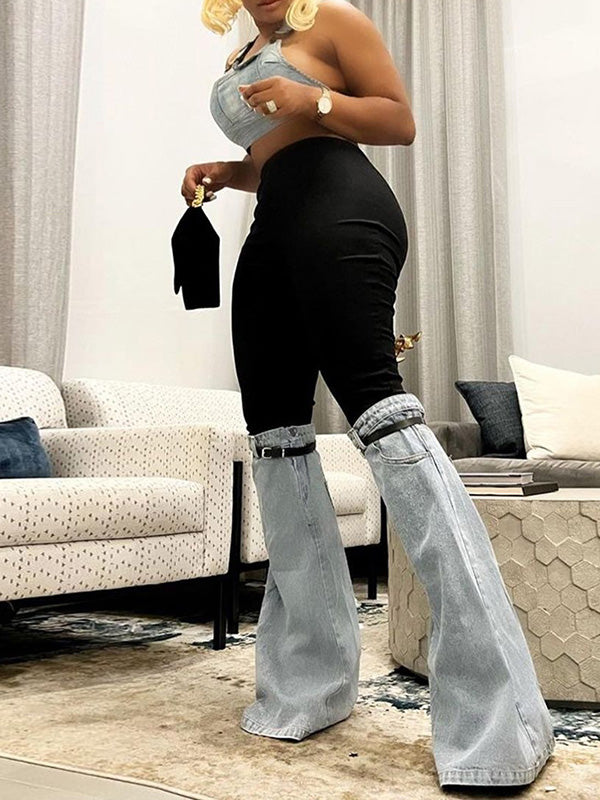 Belted Split-Joint High Waisted Flared Trousers
