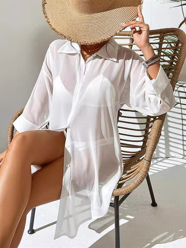 Buttoned See-Through Solid Color Split-Joint Loose Three-Quarter Sleeves Lapel Blouses&Shirts Tops