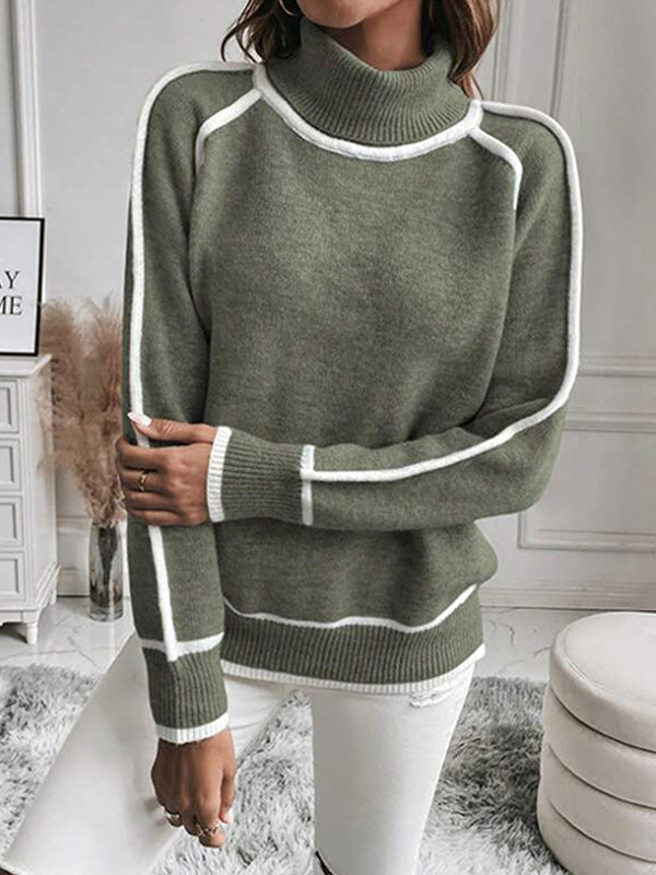 Contrast Color Split-Joint Long Sleeves Loose High Neck Sweater Tops