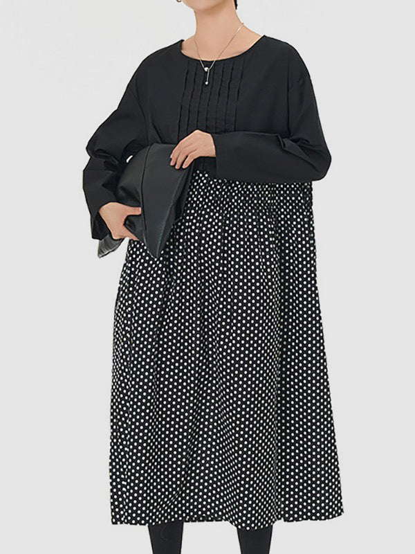 Contrast Color Elasticity Pleated Polka-Dot Split-Joint Long Sleeves Loose Round-Neck Midi Dresses