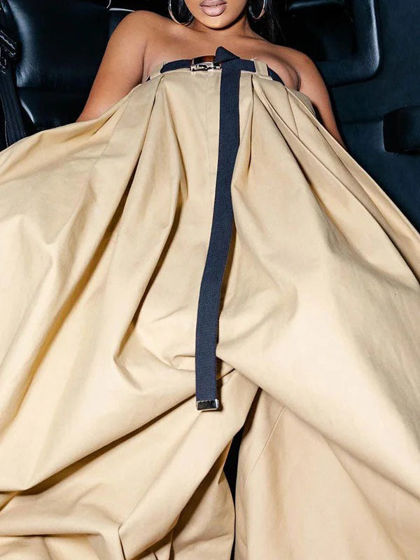 Belted Pleated Pockets Solid Color Loose Sleeveless Tube Jumpsuits