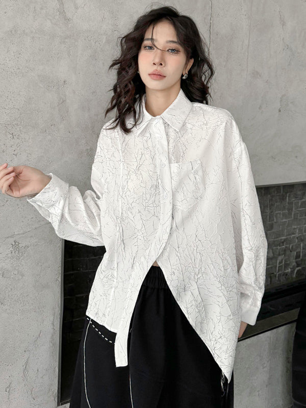 Abstract Printed Asymmetric Buttoned Wrinkled Irregularity Long Sleeves Lapel Blouses&Shirts Tops