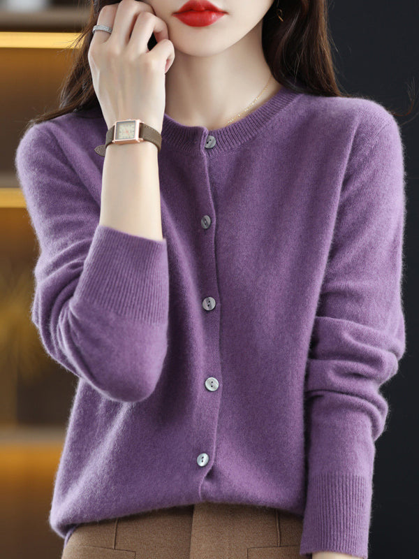Buttoned Elasticity Long Sleeves Round-Neck Knitwear Cardigan Tops