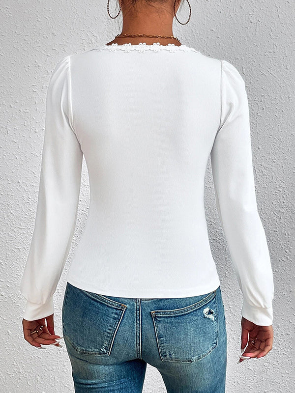 Flower Shape Solid Color Long Sleeves Skinny Lace Collar T-Shirts Tops