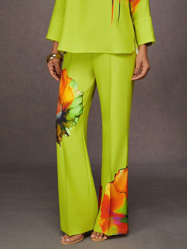 Loose Wide Leg Elasticity Flower Print Pleated Pants Trousers