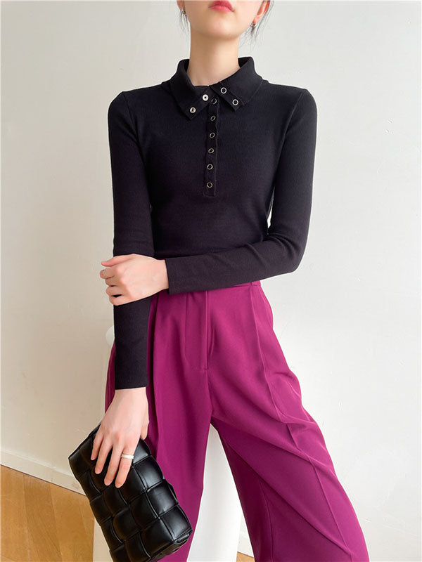 Casual Skinny Loose Solid Color Lapel Collar Pullovers