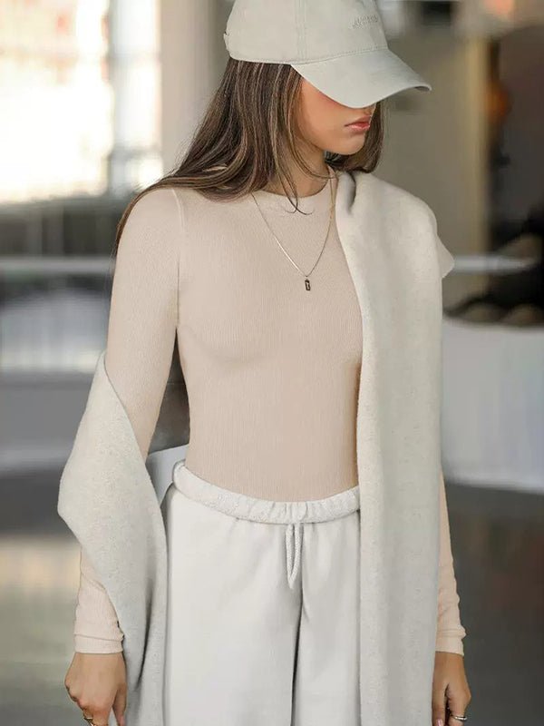 Solid Color Split-Joint Long Sleeves Skinny Round-Neck T-Shirts