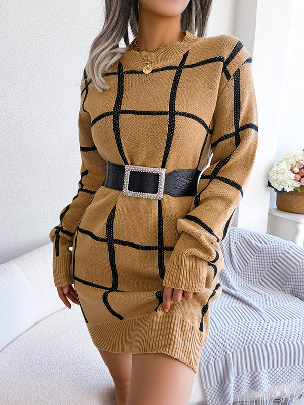 Belted Contrast Color Plaid Elasticated Waist Long Sleeves Round-Neck Sweater Dresses Mini Dresses