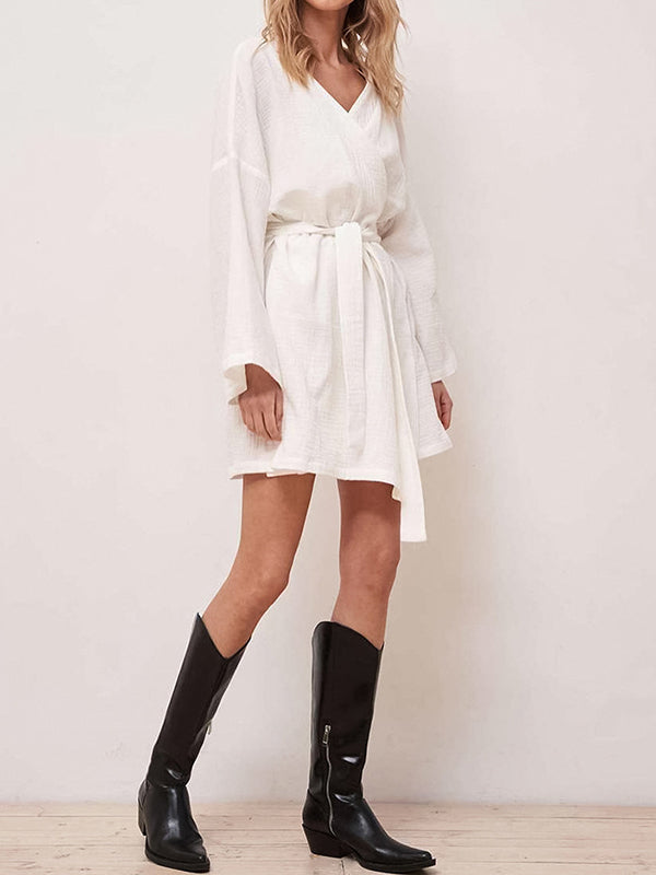 Ribbed Solid Color Long Sleeves Loose V-Neck Robes Pajamas