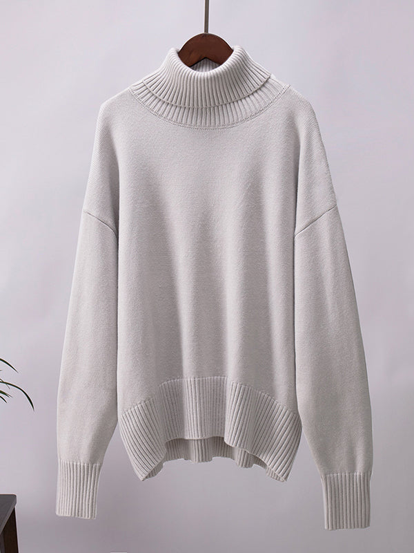 Solid Color Split-Joint High-Low Long Sleeves High Neck Sweater Tops
