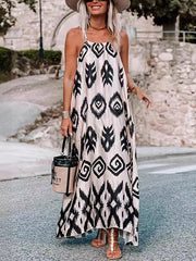 Printed A-Line Loose Spaghetti-Neck Maxi Dresses