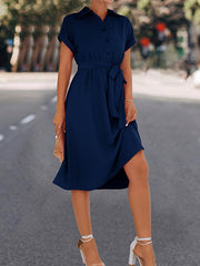 Buttoned Solid Color Tied Waist A-Line High Waisted Lapel Collar Shirt Dress Midi Dresses