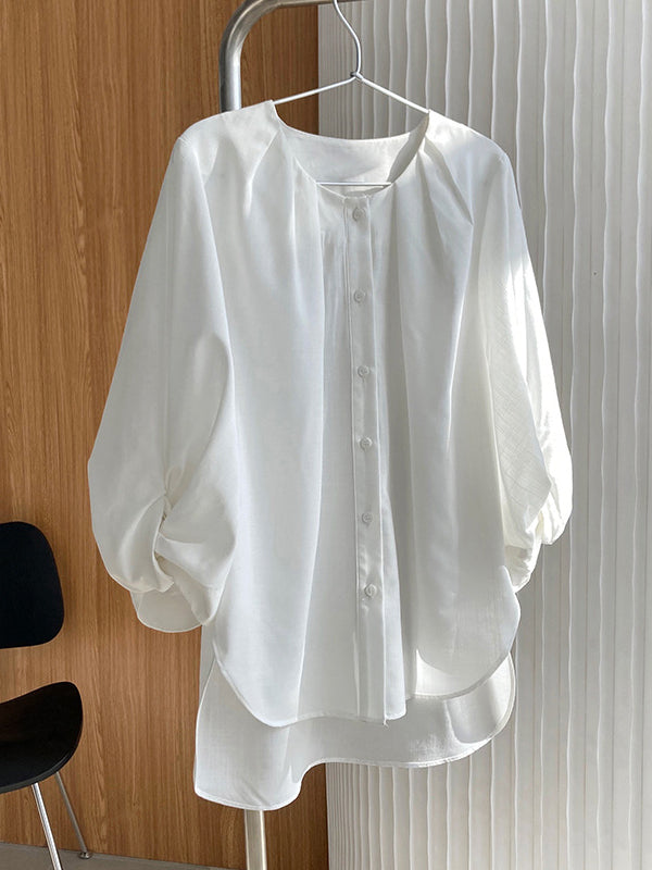 Pleated See-Through Solid Color Split-Joint High-Low Loose Round-Neck Blouses