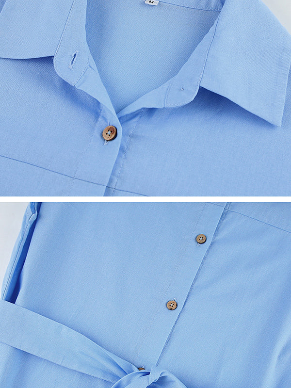 See-Through Split-Joint Tied Waist Loose Raglan Sleeve Lapel Shirt Dress Midi Dresses