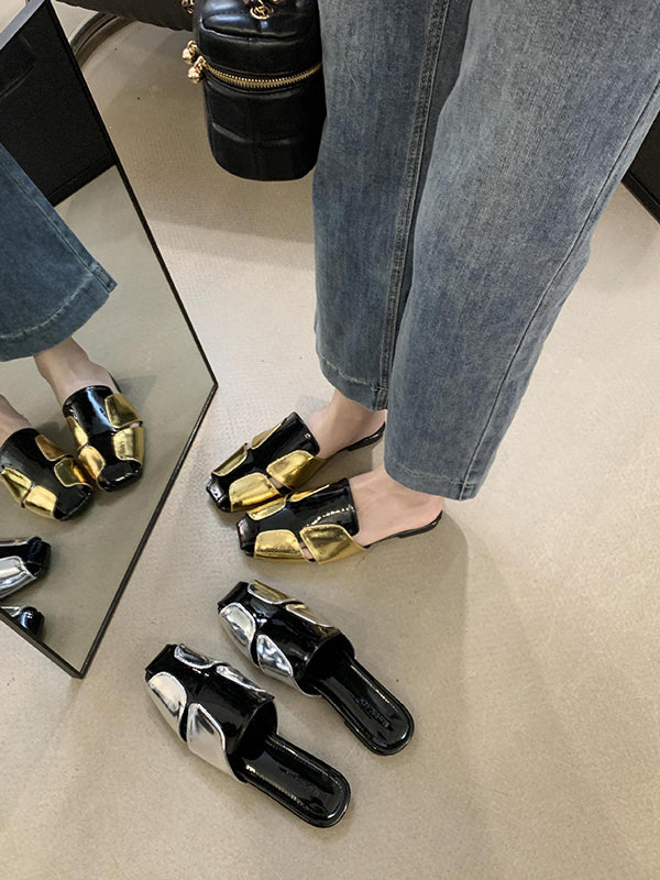 Contrast Color Hollow Split-Joint Square-Toe Slippers&Mules Sandals