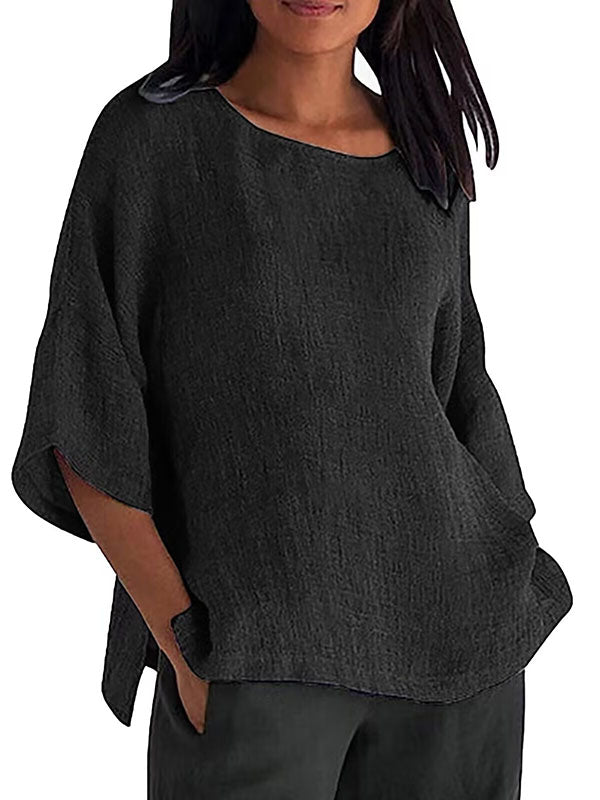 Solid Color Split-Joint Split-Side Linen Three-Quarter Sleeves Round-Neck T-Shirts Tops