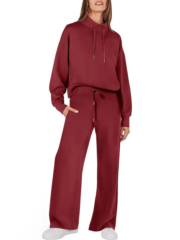 Drawstring Split-Joint High Waisted Long Sleeves Sweatshirt + Pants/Trousers Two Pieces Set