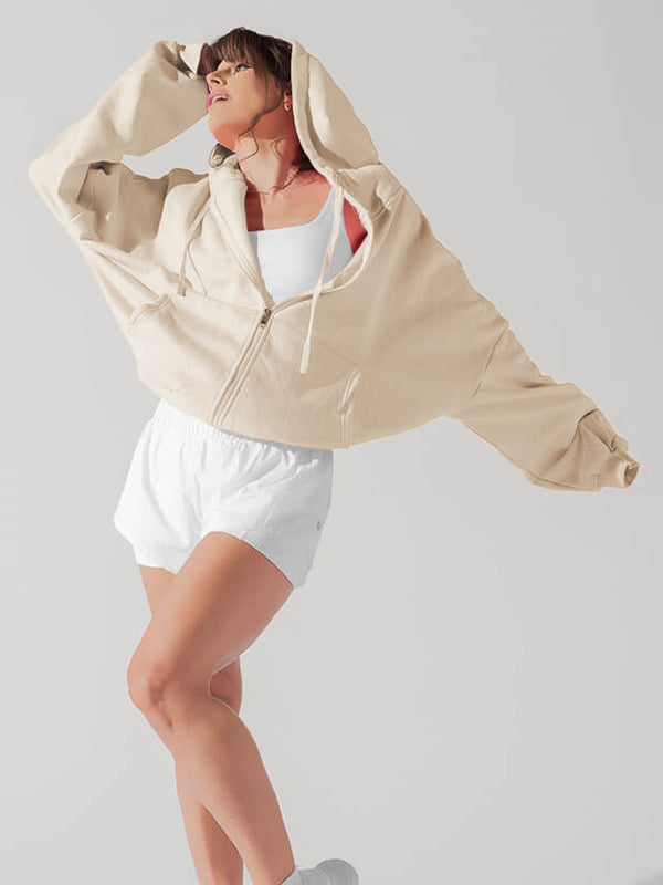 Drawstring Pockets Solid Color Zipper Hooded Long Sleeves Outerwear Jackets