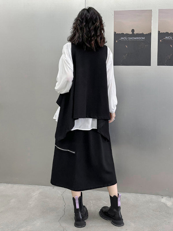 Pockets Solid Color Irregularity Loose Heaps Collar Vest Top T-Shirts