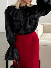 Falbala Solid Color Split-Joint Flared Sleeves Loose Stand Collar Blouses&Shirts Tops