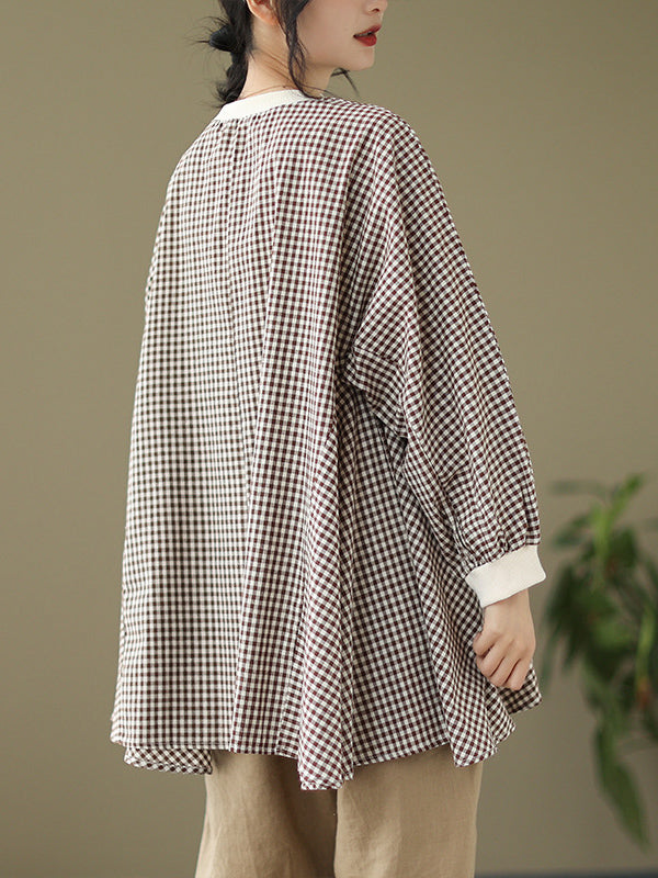 Puff Sleeves Irregularity Plaid Split-Joint Round-Neck T-Shirts Tops