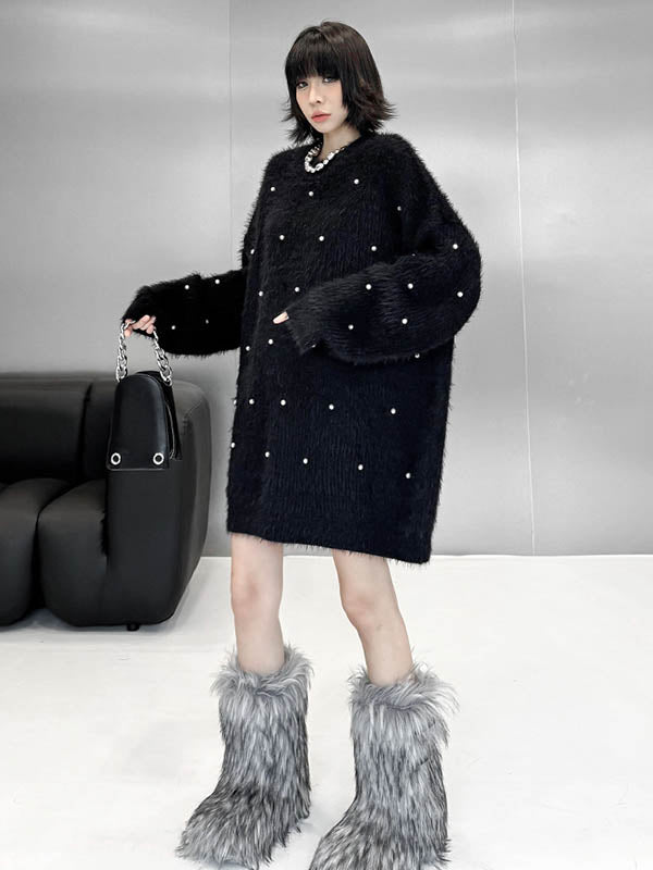 Beads Contrast Color Shiny Split-Joint Long Sleeves Loose Round-Neck Sweater Dresses Mini Dresses