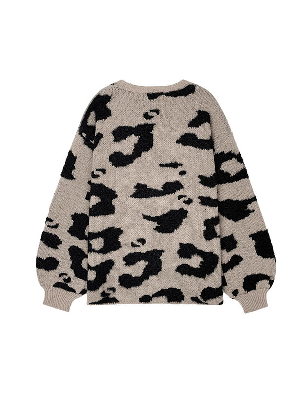 Contrast Color Leopard Print Long Sleeves Loose Cardigan Tops