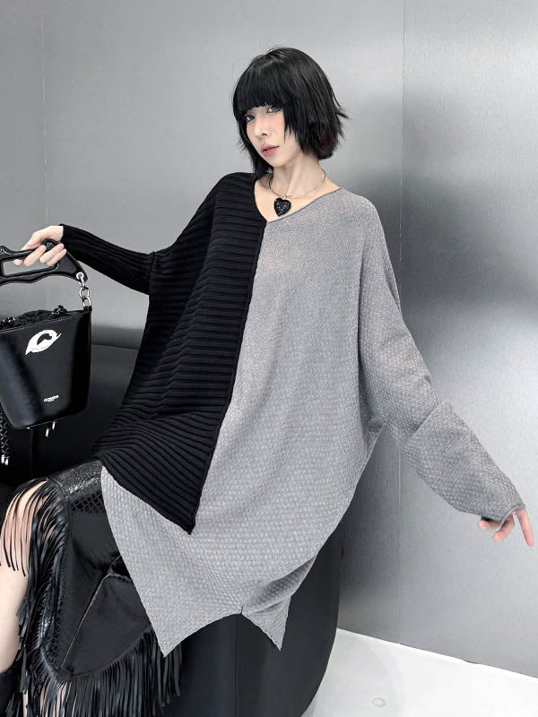 Asymmetric Contrast Color Split-Joint Textured Batwing Sleeves Irregularity V-Neck Sweater Tops