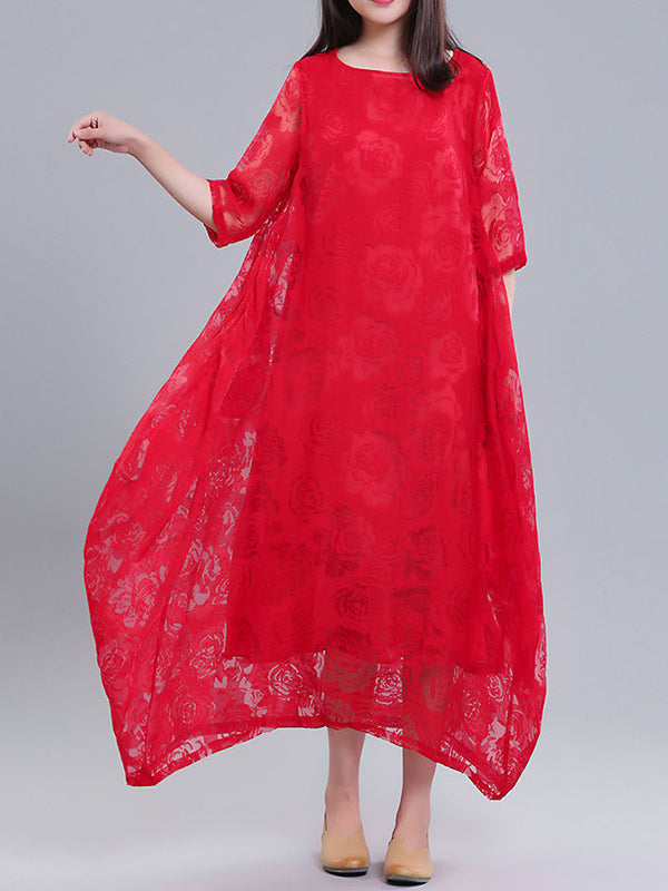 Flower Print See-Through Solid Color A-Line Half Sleeves Round-Neck Midi Dresses