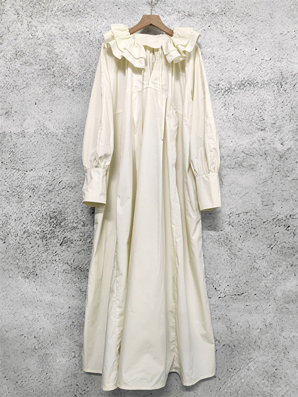 Pleated Solid Color Split-Joint Tiered Loose Puff Sleeves V-Neck Midi Dresses