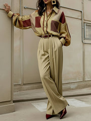 Long Sleeves Loose Buttoned Contrast Color Plaid Lapel Blouses&Shirts Tops