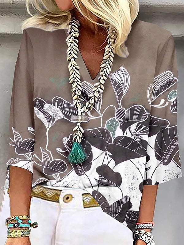 Flower Print Three-quarter Sleeves Loose Plus Size V-Neck T-Shirts Tops
