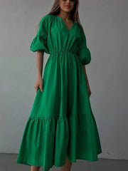 Elasticity Pleated Solid Color A-Line Half Sleeves V-Neck Midi Dresses