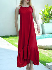 Ruffle Trim Solid Color Split-Joint Tied A-line High Waisted Spaghetti-Neck Midi Dresses