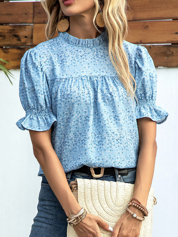Elastics Floral Printed Split-Joint Bishop Sleeve Stand Collar Blouses&Shirts Tops