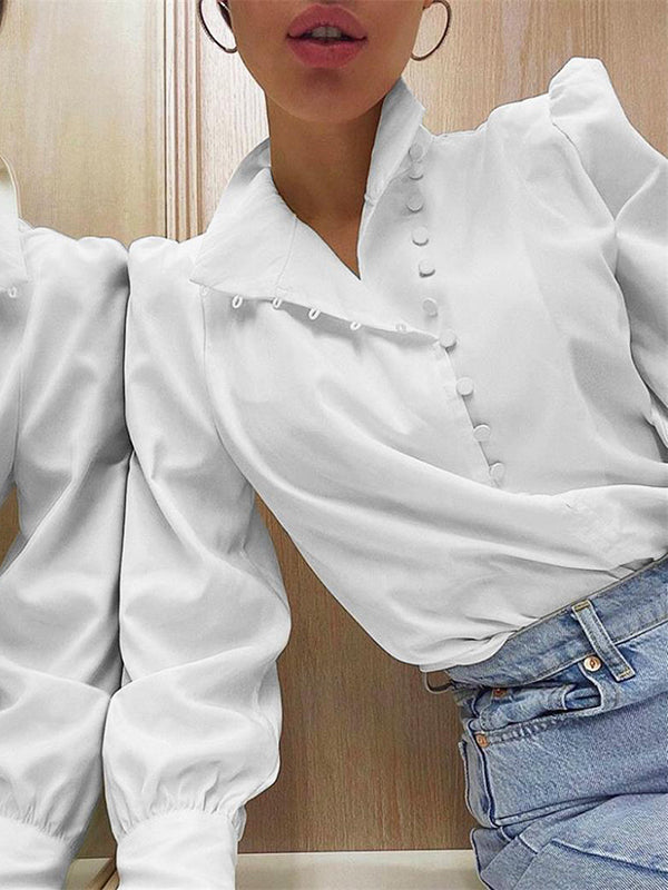 Solid Color Split-Joint Long Sleeves Loose High-Neck Blouses