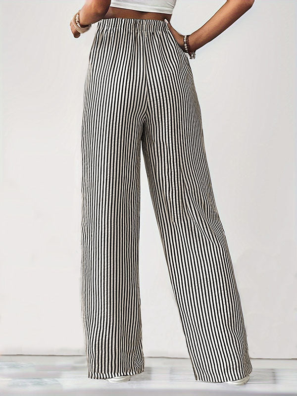 Drawstring Elasticity Pockets Split-Joint Striped Loose Trousers Pants